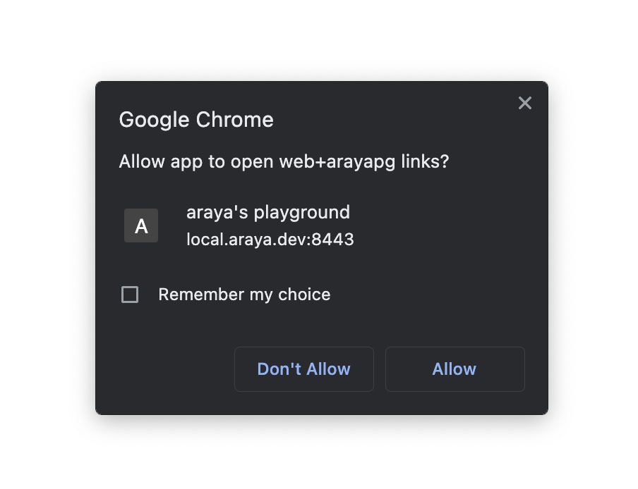 A dialog that says "Allow app to open web+arayapg links?" 